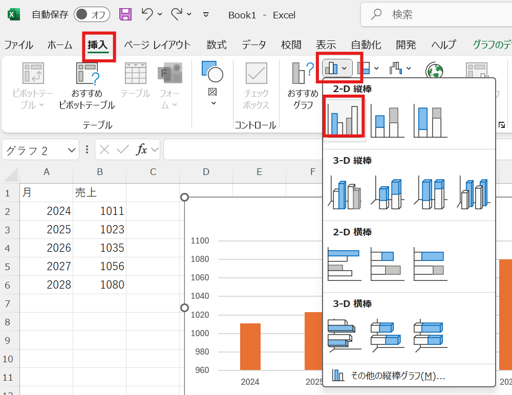 挿入タブから棒グラフを選択